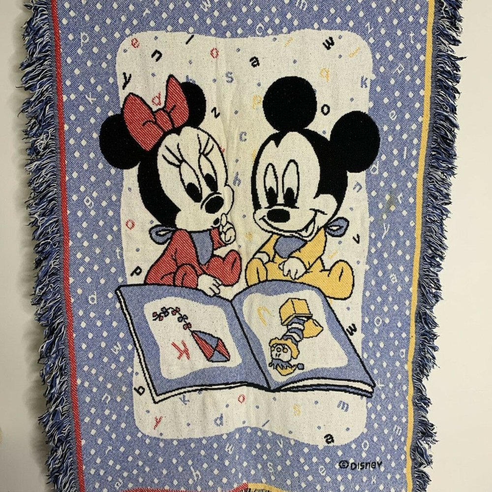 Vtg 90s Classic Disney Babies Jacquard Woven Fringed Blanket Mickey Minnie Mouse